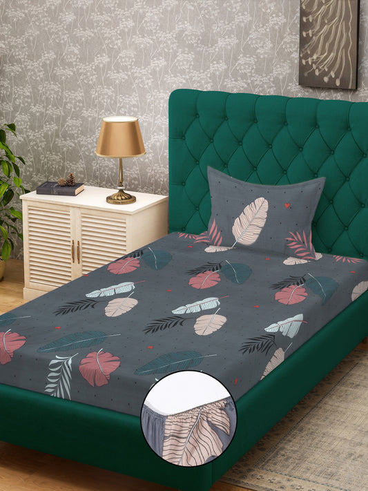 Grey Floral 300 TC Cotton Blend Fitted Single Bedsheet in Book Fold Packing
