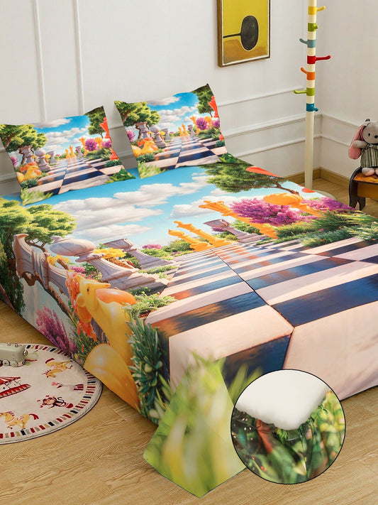 Multi Cartoon Characters 7D King Size Cotton Blend Fitted Double Bedsheet with 2 Pillow Covers