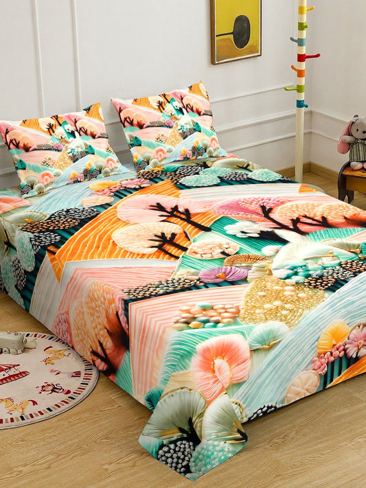 Multi 7D Floral Printed Cotton Blend Double Bedsheet with 2 Pillow Covers