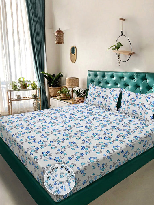 White Floral 300 TC Cotton Blend Fitted Double Bedsheet in Book Fold Packing