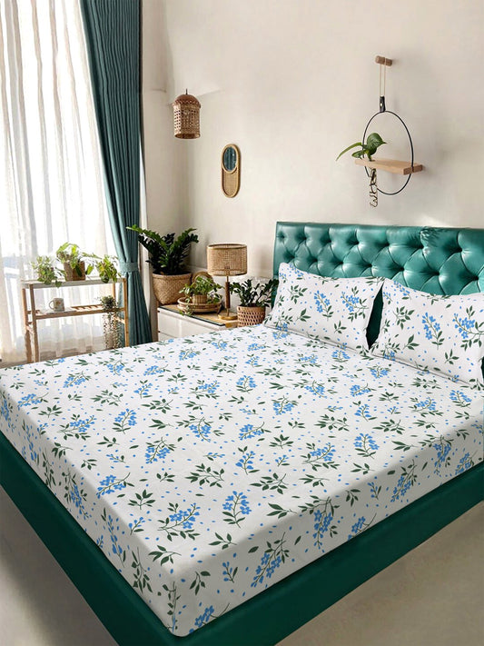 White Floral 300 TC Cotton Blend Double Bedsheet in Book Fold Packing