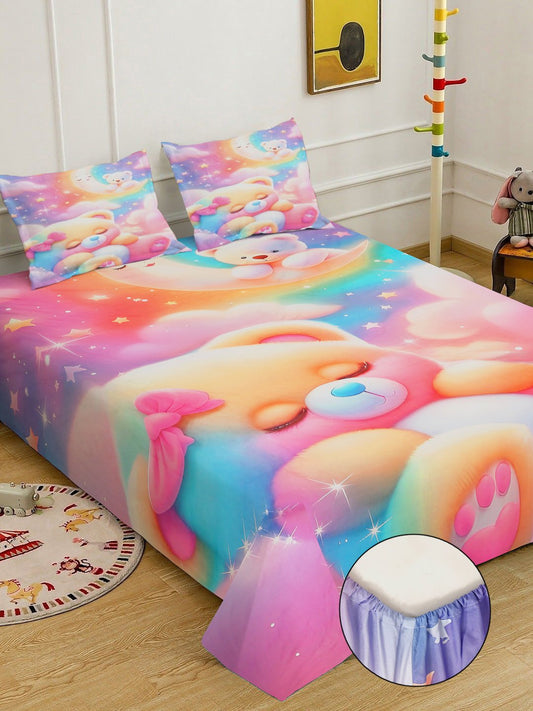 Multi 7D Cartoon Characters Printed Fitted Cotton Blend Double Bedsheet with 2 Pillow Covers