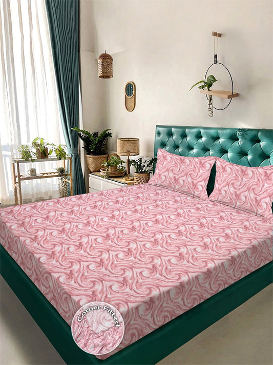 Red Abstract 300 TC Cotton Blend Fitted Double Bedsheet with 2 Pillow Covers