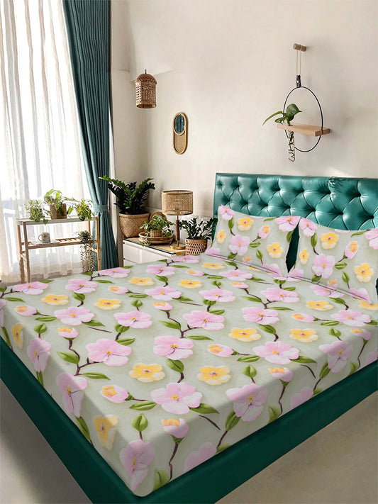 Green Floral 7D King Size Cotton Blend Double Bedsheet with 2 Pillow Covers