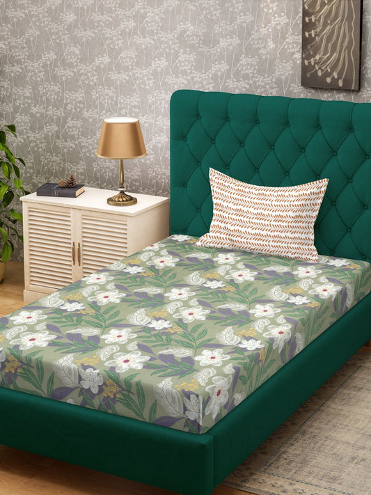Green Floral 300 TC Cotton Blend Fitted Single Bedsheet with Pillow Cover