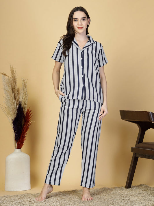Women NavyBlue Striped Cotton Blend Night Suit