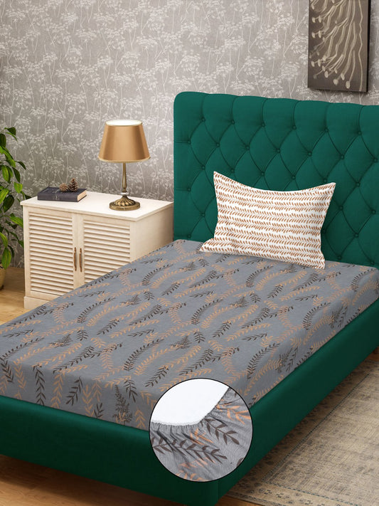 Grey Floral 300 TC Cotton Blend Fitted Single Bedsheet in Book Fold Packing