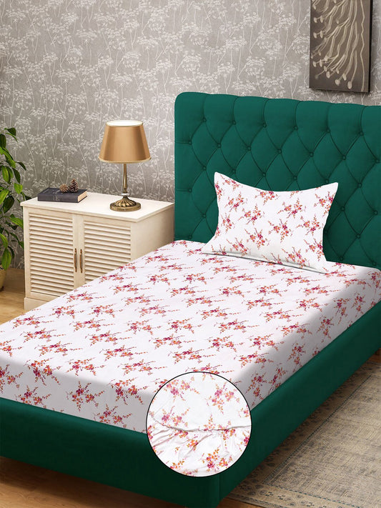 White Floral 300 TC Cotton Blend Fitted Single Bedsheet with Pillow Cover