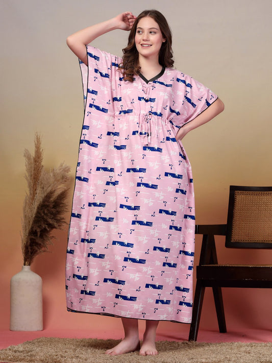 Pink Abstract Cotton Blend Kaftan Maxi Nightdress