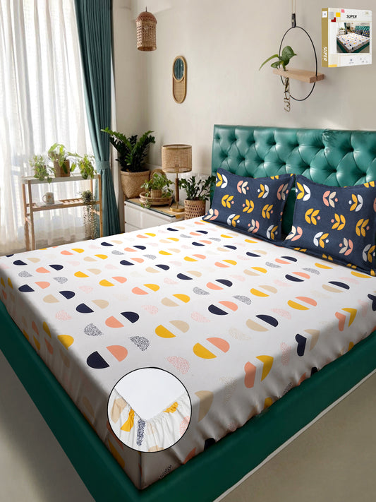 Klotthe White Geometric 300 TC Cotton Blend Fitted Double Bedsheet in Book Fold Packing