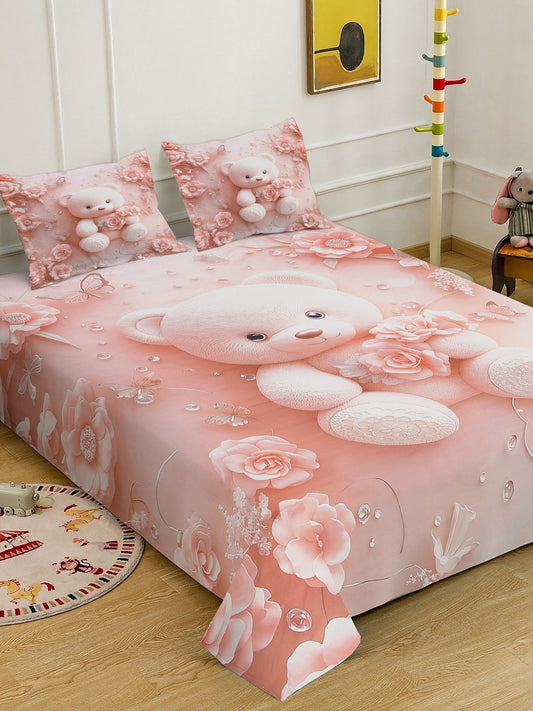 Pink 7D Cartoon Characters Printed Cotton Blend Double Bedsheet with 2 Pillow Covers