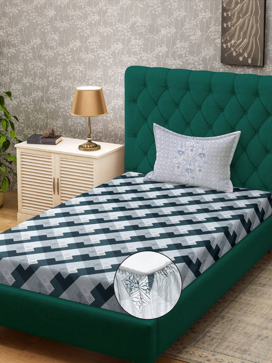 Green Geometric 400 TC Pure Cotton Fitted Single Bedsheet with Pillow Cover