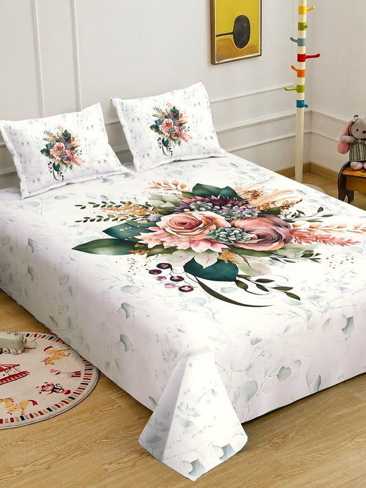 Cream 7D Floral Printed Cotton Blend Double Bedsheet with 2 Pillow Covers