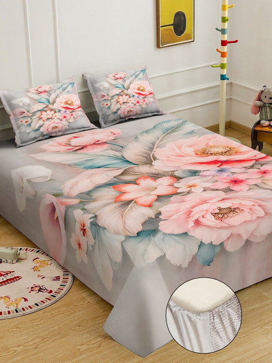 Multi Digital Floral Printed Cotton Blend Fitted Double Bedsheet with 2 Pillow Covers