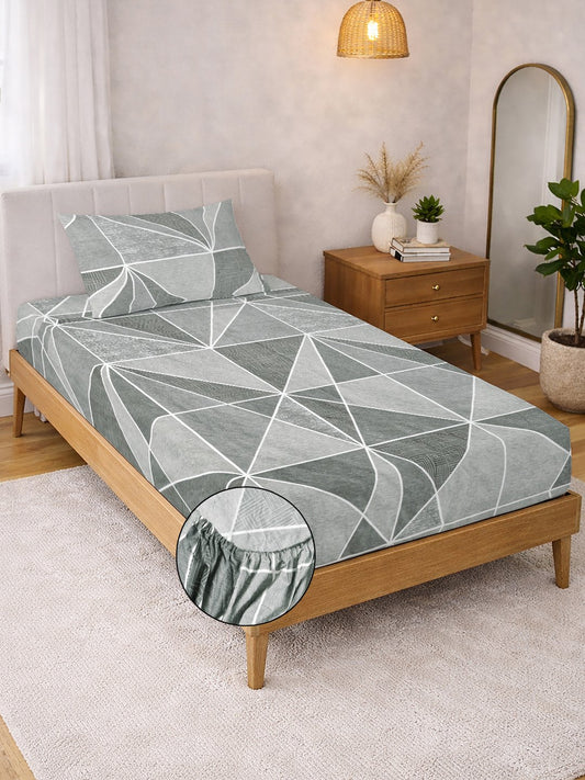 Grey Geometric Cotton Blend Fitted Single Bedsheet with Pillow Cover