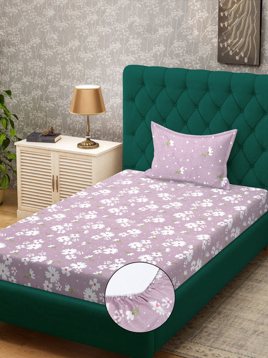 Purple Floral 300 TC Cotton Blend Fitted Single Bedsheet in Book Fold Packing