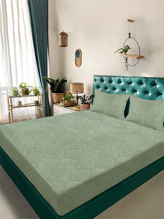 Green Floral Embossed Cotton Blend Double Bedsheet with 2 Pillow Covers