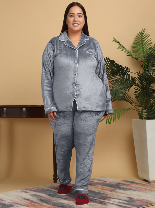 Women Grey Solid Plus Size Woolen Night Suit