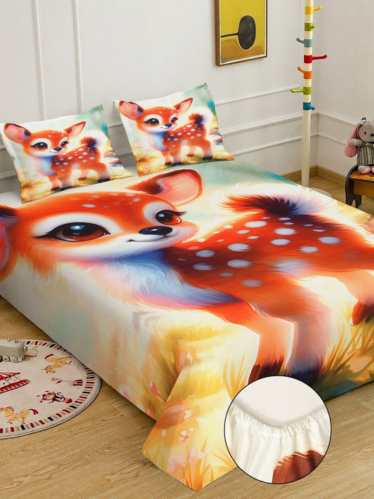 Orange 7D Animal Printed Fitted Cotton Blend Double Bedsheet with 2 Pillow Covers
