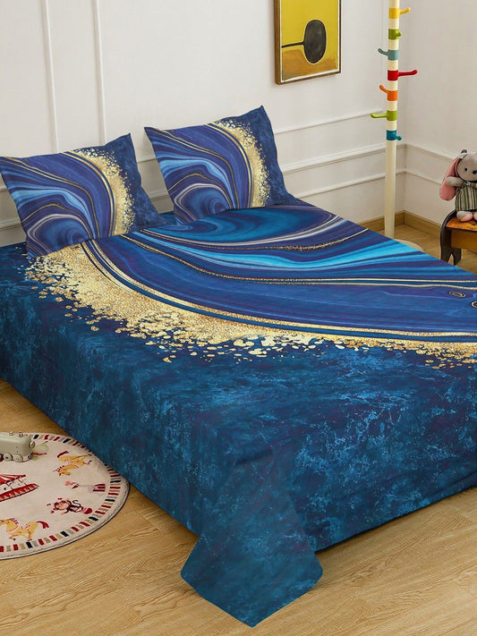 Blue 7D Abstract Printed Cotton Blend Double Bedsheet with 2 Pillow Covers