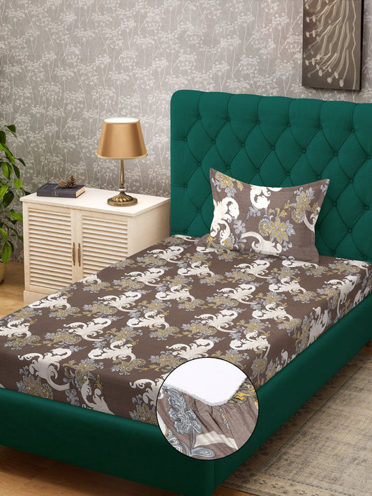 Brown Floral 300 TC Cotton Blend Fitted Single Bedsheet Set in Book Fold Packing