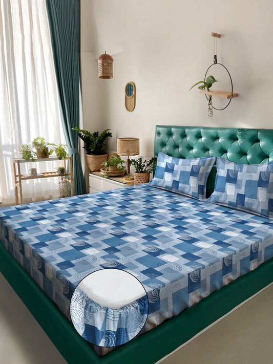 Blue Geometric 400 TC Pure Cotton Fitted Double Bedsheet with 2 Pillow Covers