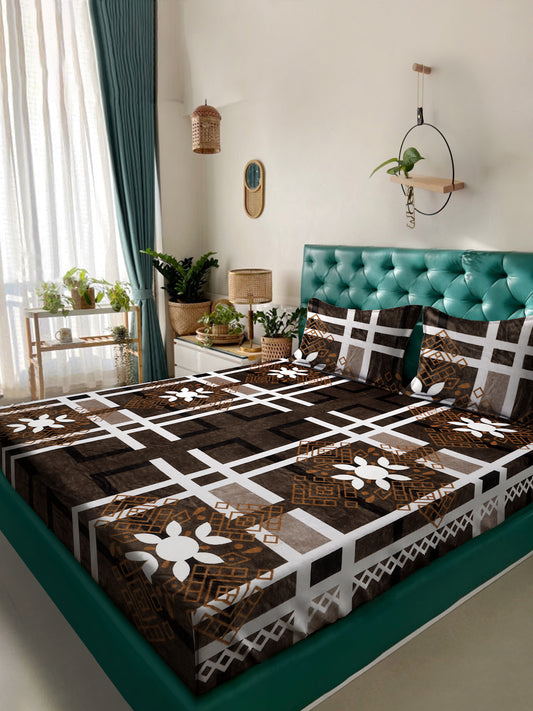 Klotthe Brown Floral Woolen Double Bed Sheet with 2 Pillow Covers