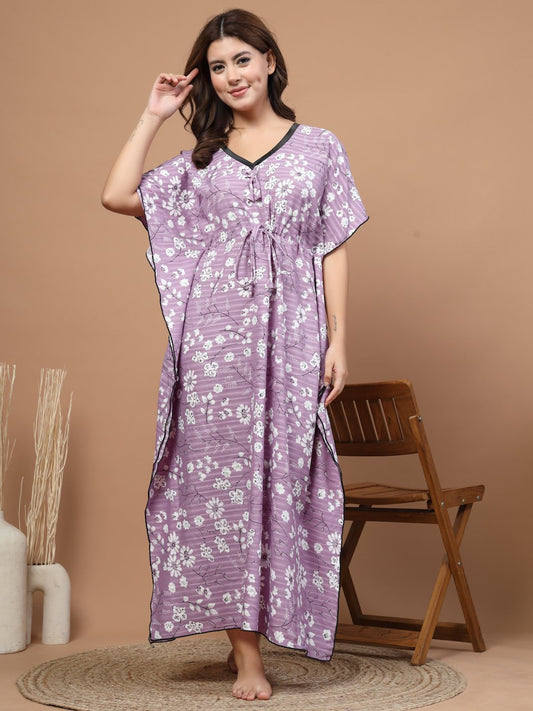 Pink Floral Cotton Blend Kaftan Maxi Nightdress