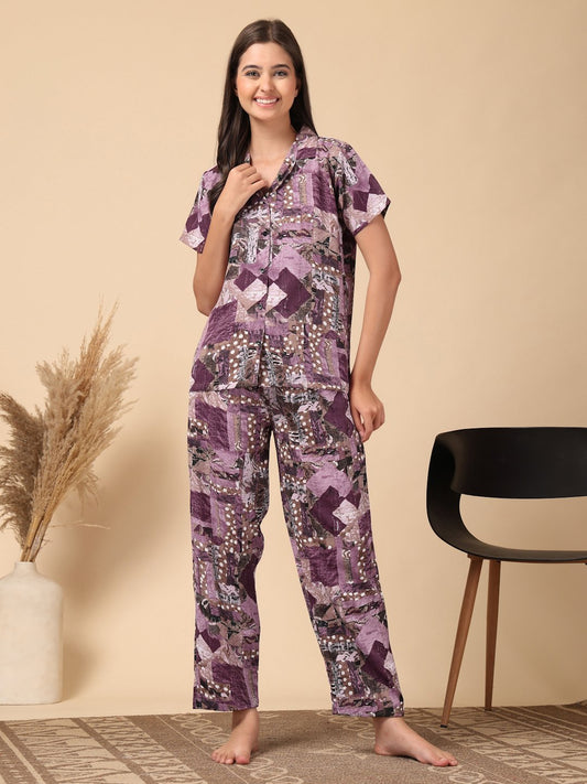 Purple Geometric Cotton Blend Women Night Suit
