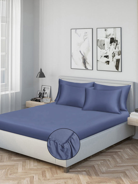 Blue Solid 300 TC Cotton Blend Fitted Double Bedsheet with 4 Pillow Covers