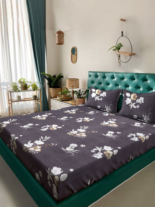 Brown Floral 300 TC Cotton Blend Fitted Double Bedsheet with 2 Pillow Covers