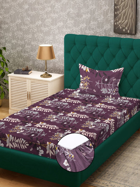 Purple Floral 300 TC Cotton Blend Fitted Single Bedsheet Set in Book Fold Packing