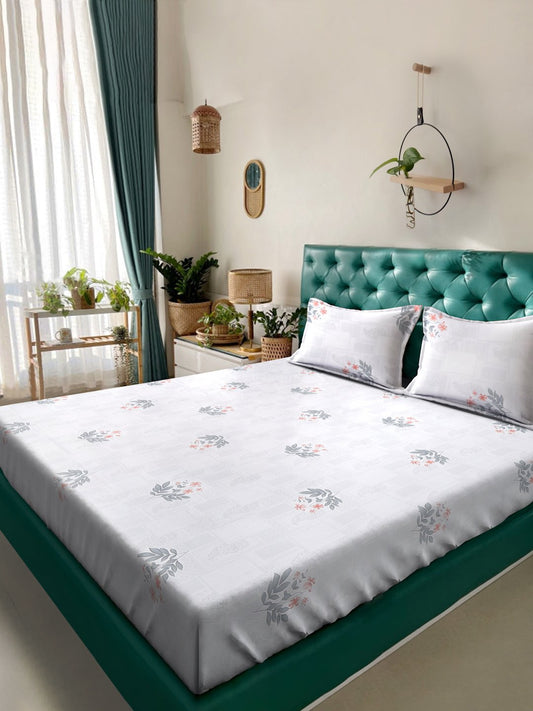 White Floral 400 TC Pure Cotton Super King Double Bedsheet with 2 Pillow Covers
