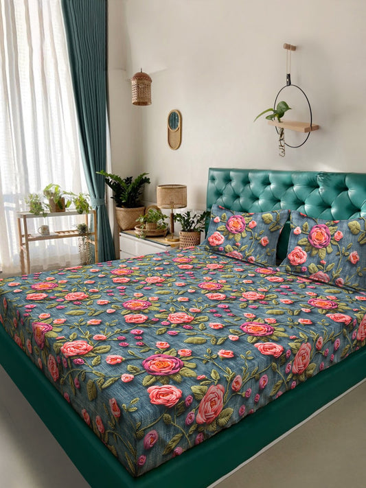 Turquoise Floral 7D King Size Cotton Blend Double Bedsheet with 2 Pillow Covers