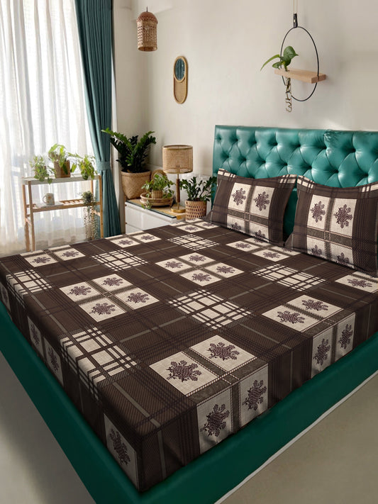 Klotthe Brown Geometric 300 TC Cotton Blend Double Bedsheet with 2 Pillow Covers