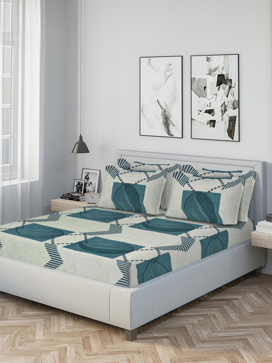 Multi Geometric 300 TC Cotton Blend Fitted Double Bedsheet with 4 Pillow Covers