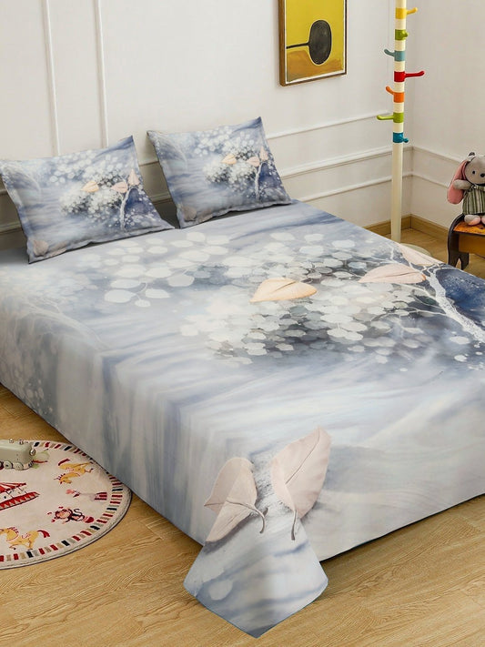 Grey Digital Floral Printed Cotton Blend Double Bedsheet with 2 Pillow Covers