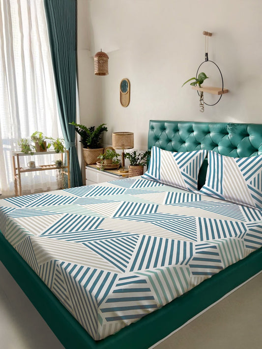 Green Geometric 300 TC Cotton Blend Double Bedsheet with 2 Pillow Covers