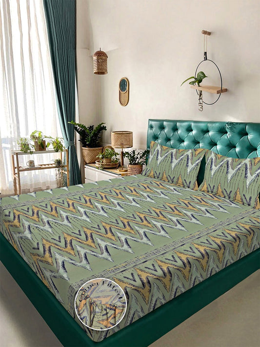 Green Geometric 300 TC Cotton Blend Fitted Double Bedsheet with 2 Pillow Covers