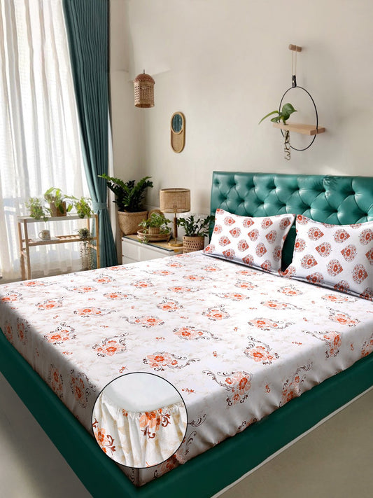 Orange Floral 400 TC Pure Cotton Fitted Double Bedsheet with 2 Pillow Covers