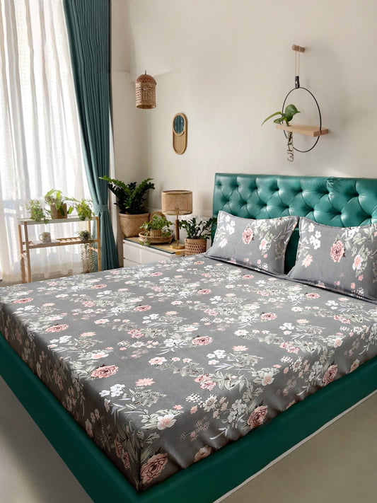 Grey Floral 300 TC Cotton Blend Double Bedsheet with 2 Pillow Covers