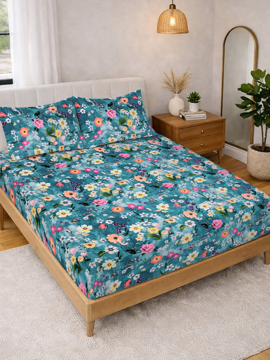 Blue Floral Cotton Blend Double Bedsheet with 2 Pillow Covers