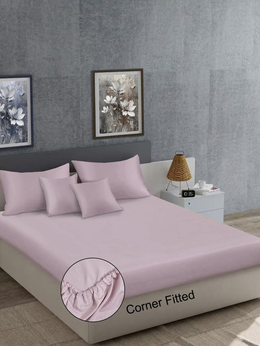 LightPink Solid 400 TC Satin Fitted Super King Double Bedsheet with 2 Pillow Covers & 2 Cushion Covers