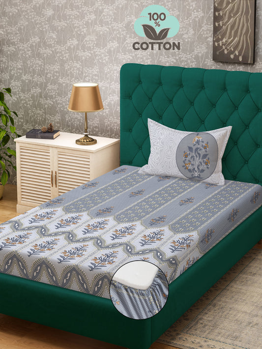 Klotthe Grey Floral 400 TC Pure Cotton Fitted Single Bedsheet with Pillow Cover