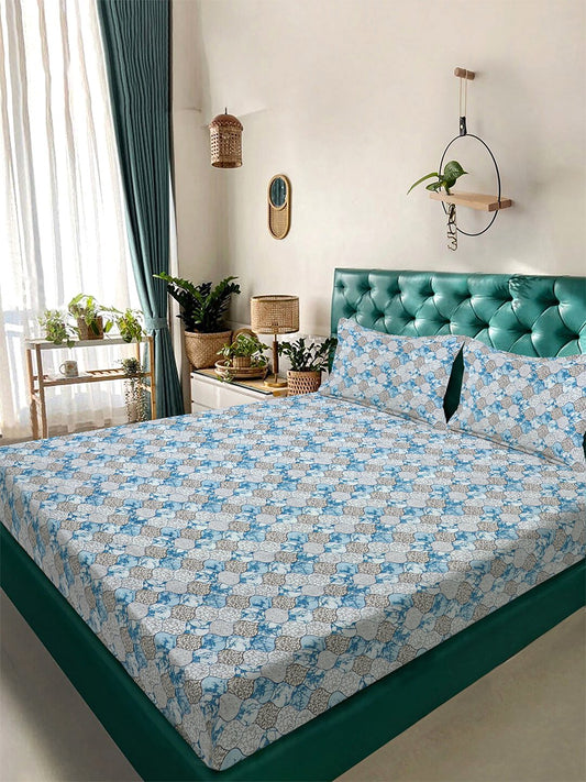 Blue Floral 300 TC Cotton Blend Double Bedsheet with 2 Pillow Covers