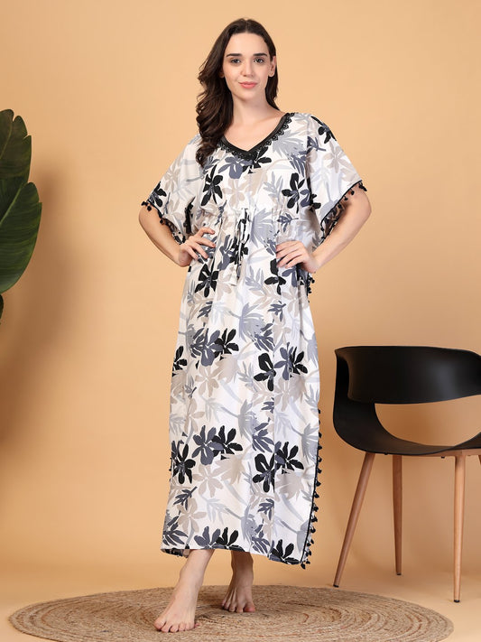 Grey Floral Cotton Blend Kaftan Maxi Nightdress