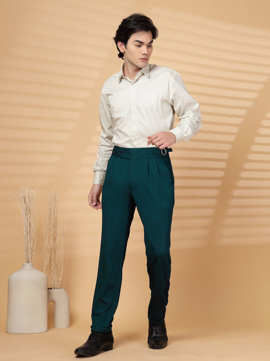 Green Lycra Cotton Comfort-Fit Solid Regular Formal Trouser