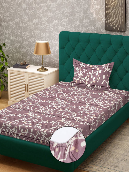 Purple Floral 300 TC Cotton Blend Fitted Single Bedsheet in Book Fold Packing