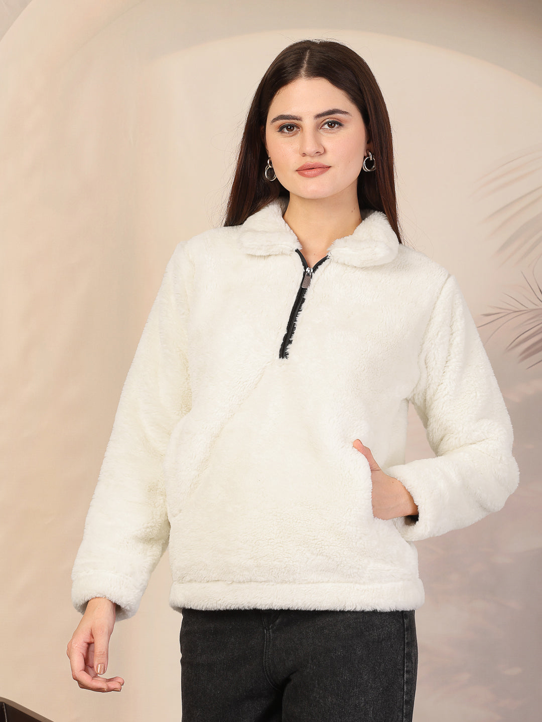 Klotthe Women Cream Solid Woolen Fur Winter Jacket – KLOTTHE®