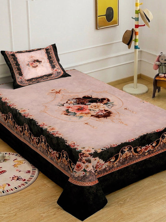 Multi Digital Floral Printed Cotton Blend Single Bedsheet with Pillow Cover